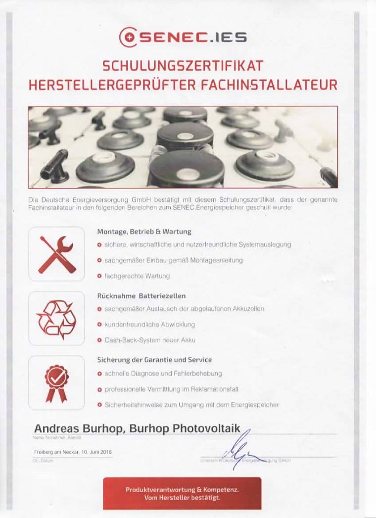 Schulungszertifikat der Firma Burhop Photovoltaik in Straubing